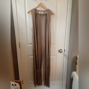 BB Dakota Boho Tan Suede Like Sleeveless Tassel Duster (L)